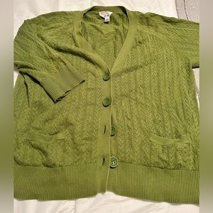 Talbots cardigan with 3/4 length sleeves and large button closures. Green color